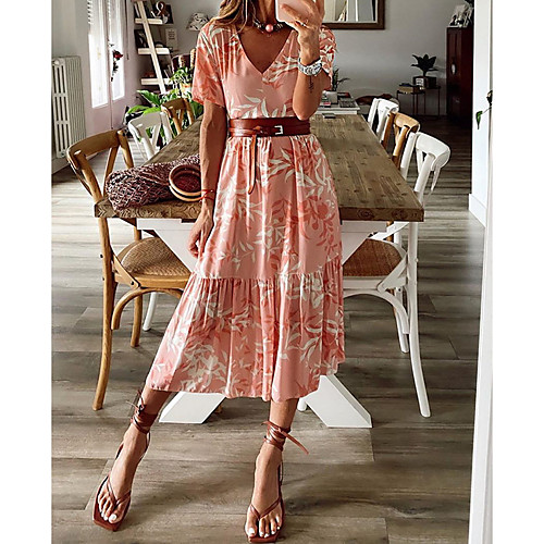 

Women's A-Line Dress Midi Dress - Short Sleeves Print Summer V Neck Casual Mumu 2020 Blushing Pink S M L XL
