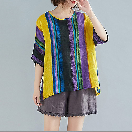 

Women's Striped Rainbow Print Loose T-shirt Daily Rainbow