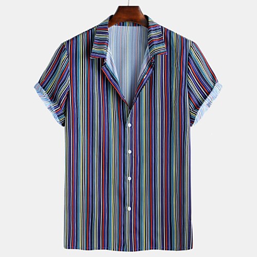 

Men's Striped Shirt - Cotton Tropical Hawaiian Holiday Beach Button Down Collar Brown / Navy Blue / Light Blue / Short Sleeve