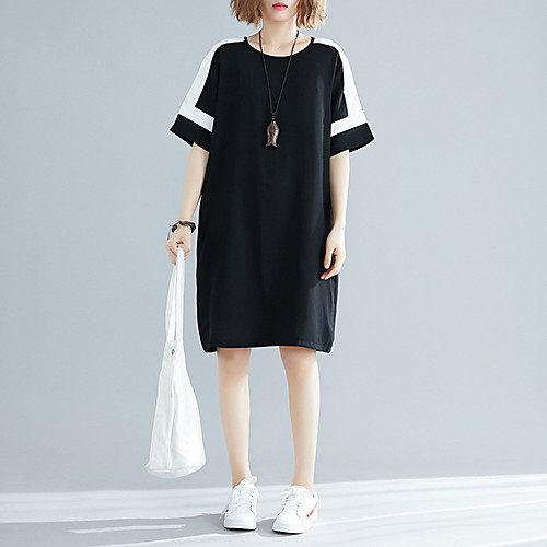 

Women's A Line Dress - Short Sleeves Color Block Patchwork Spring Summer Elegant Street chic Daily Weekend Loose 2020 Black XL XXL