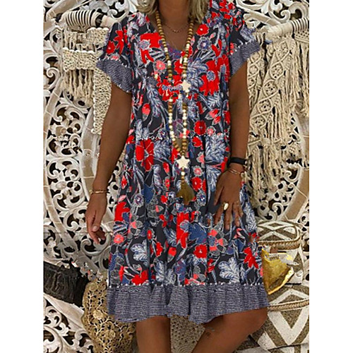 

Women's Shift Dress Knee Length Dress Red Short Sleeve Floral Spring Summer Round Neck Hot Elegant 2021 M L XL XXL 3XL 4XL 5XL