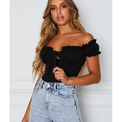 

Women's Bodysuit Crop Top Solid Colored Off Shoulder Basic Tops Slim White Black Blushing Pink