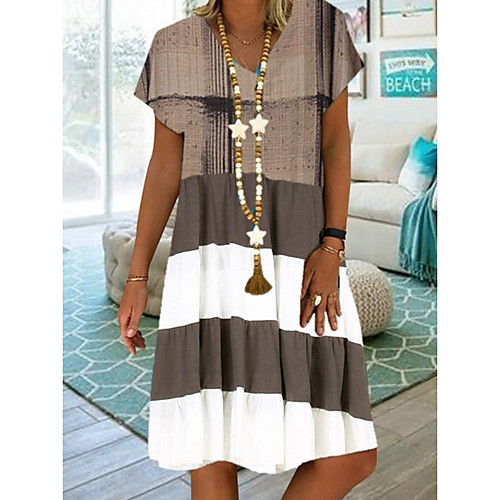 

Women's Shift Dress - Short Sleeves Color Block Summer Elegant 2020 Wine Brown S M L XL XXL XXXL XXXXL XXXXXL