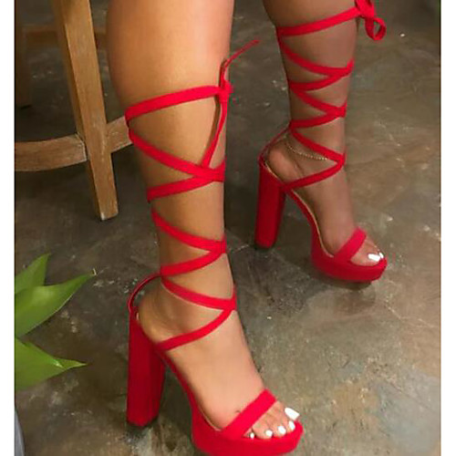 

Women's Heels 2020 Summer Chunky Heel Peep Toe Sexy Daily Outdoor Lace-up Solid Colored PU Walking Shoes BluePink / Red / Black