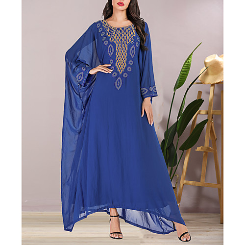 

Women's Maxi Chiffon Dress - 3/4 Length Sleeve Solid Color Summer Fall Elegant Vintage Party Daily Batwing Sleeve Loose 2020 Blue One-Size