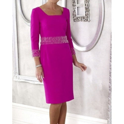 

Sheath / Column Mother of the Bride Dress Plus Size Square Neck Knee Length Polyester 3/4 Length Sleeve with Beading 2021