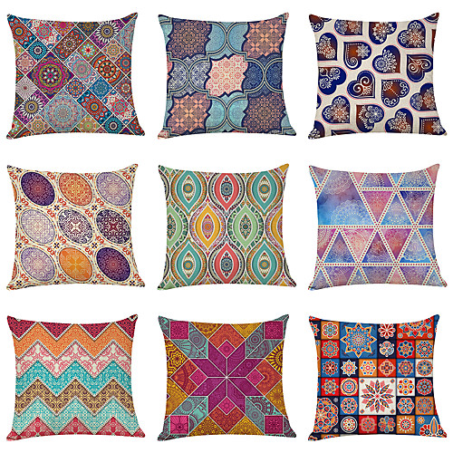 

9 pcs Faux Linen Pillow Cover, Datura Flowers Geometric Modern Square Traditional Classic