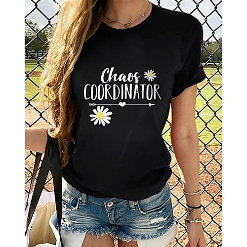 

Women's T shirt Graphic Print Round Neck Basic Tops Cotton Black