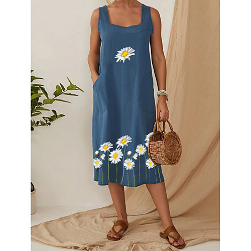 

Women's Shift Dress Midi Dress - Sleeveless Floral Print Summer Casual Daily 2020 Blue M L XL XXL XXXL