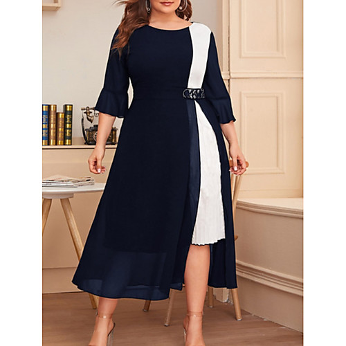 

Women's Plus Size Dress A Line Dress Midi Dress 3/4 Length Sleeve Color Block Casual Spring Summer Black Wine Navy Blue XL XXL 3XL 4XL