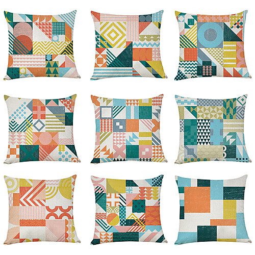 

9 pcs Linen Pillow Cover, Geometric Pattern Geometic Casual Modern Square Traditional Classic