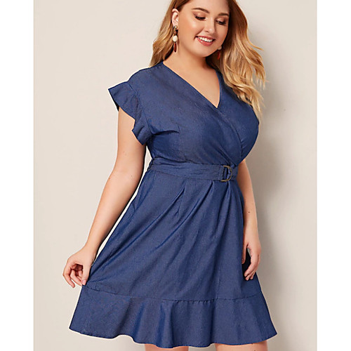 

Women's Plus Size A-Line Dress Knee Length Dress - Short Sleeves Solid Color Summer V Neck Work Denim 2020 Blue XL XXL XXXL XXXXL