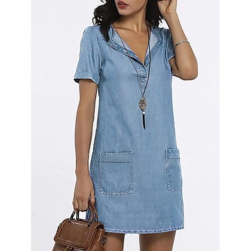 

Women's Shift Dress Knee Length Dress - Short Sleeves Solid Color Summer V Neck Casual Denim 2020 Black Blue Navy Blue S M L XL XXL
