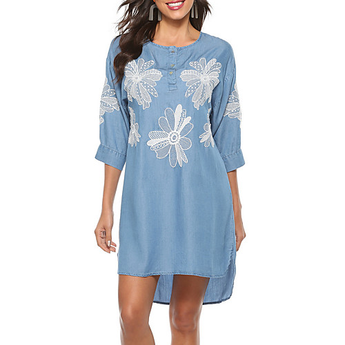 

Women's T Shirt Dress Knee Length Dress - 3/4 Length Sleeve Floral Summer Casual Chinoiserie 2020 Blue Light Blue S M L XL XXL XXXL