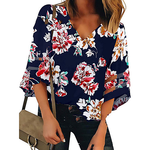 

Women's T shirt Floral Flower V Neck Tops Navy Blue