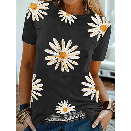 

Women's T shirt Floral Flower Printing Round Neck Tops White Black Wine