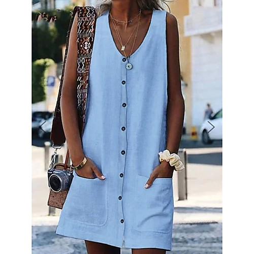 

Women's Shift Dress Knee Length Dress Yellow Orange White Light Blue Sleeveless Solid Color Summer V Neck Hot Casual 2021 S M L XL XXL
