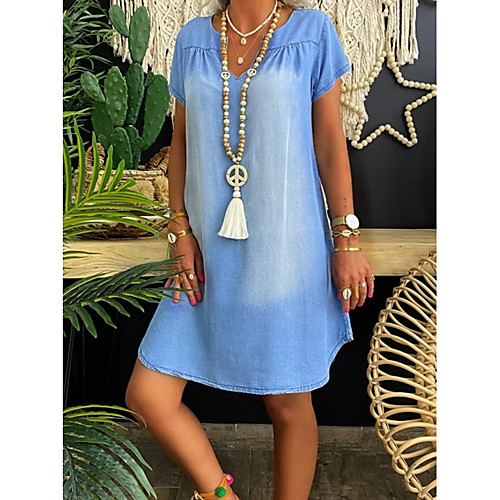 

Women's A-Line Dress Knee Length Dress - Short Sleeves Solid Color Summer V Neck Casual Denim 2020 Blue S M L XL XXL XXXL