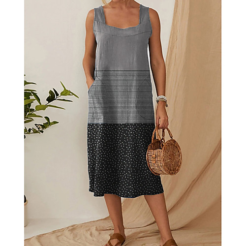 

Women's Shift Dress Midi Dress - Sleeveless Polka Dot Striped Print Summer Casual Daily 2020 Black M L XL XXL XXXL