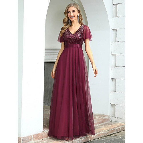

A-Line Empire Elegant Wedding Guest Formal Evening Dress V Neck Short Sleeve Floor Length Tulle with Sequin 2021