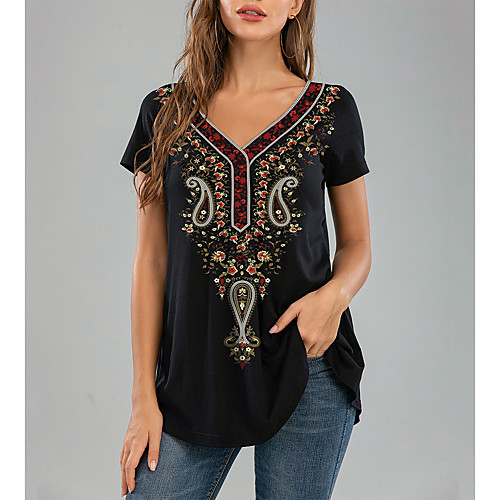 

Women's Geometric Print T-shirt Daily V Neck Black