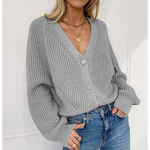 

Women's Solid Colored Long Sleeve Cardigan Sweater Jumper, V Neck White / Black / Khaki S / M / L