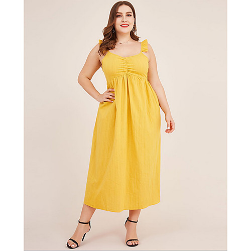 

Women's Plus Size Strap Dress Knee Length Dress - Sleeveless Solid Color Summer Casual 2020 Yellow XXXL XXXXL