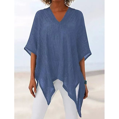

Women's Blouse Shirt Solid Colored V Neck Tops Blue Purple Gray