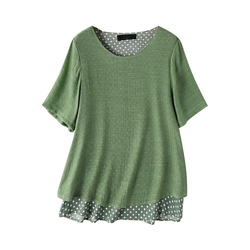 

Women's Blouse Shirt Polka Dot Round Neck Tops Fuchsia Green