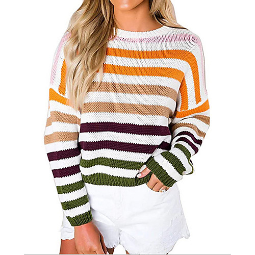 

Women's Striped Long Sleeve Pullover Sweater Jumper, Round Neck Blue / Red / Yellow S / M / L