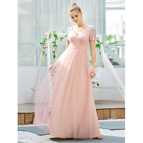 

A-Line V Neck Floor Length Tulle / Sequined Bridesmaid Dress with Sequin