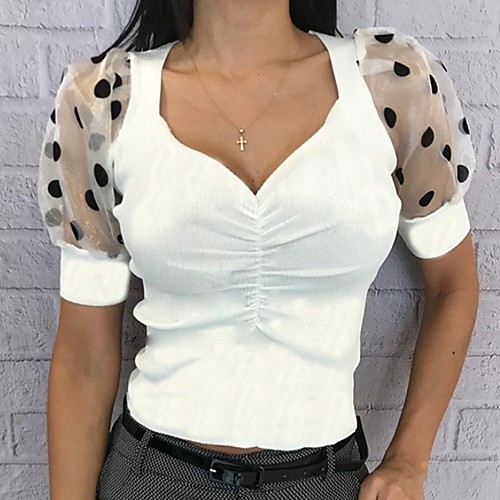 

Women's Blouse Shirt Polka Dot V Neck Tops Yellow White Black