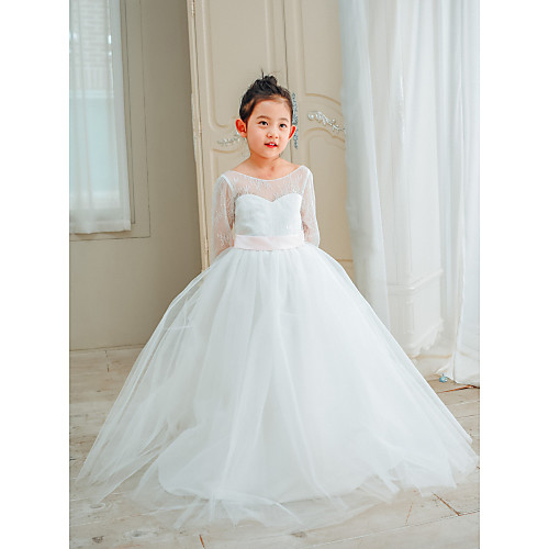 

Ball Gown Floor Length Flower Girl Dresses Wedding Lace Long Sleeve Boat Neck with Bows / First Communion