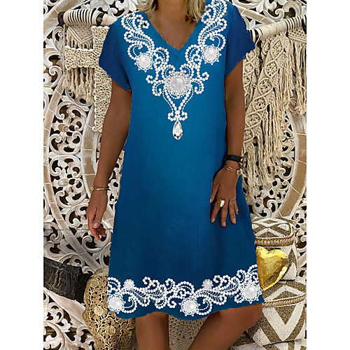 

Women's Shift Dress Knee Length Dress - Short Sleeves Floral Print Summer Casual Daily 2020 Blue M L XL XXL XXXL