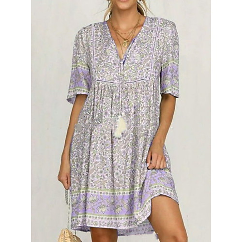 

Women's A-Line Dress Short Mini Dress - Short Sleeves Print Summer Casual Mumu 2020 Purple Yellow Blushing Pink Khaki Light Green S M L XL XXL XXXL