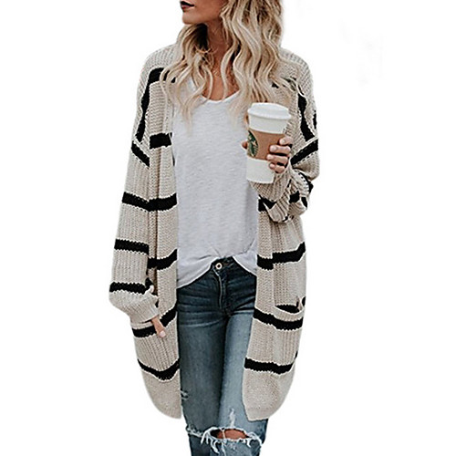 

Women's Striped Long Sleeve Cardigan Sweater Jumper, V Neck Wine / Beige S / M / L