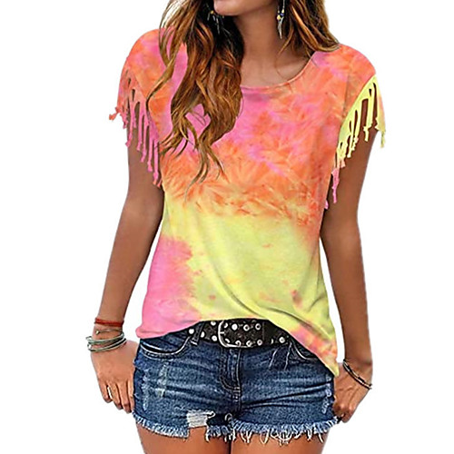 

Women's T shirt Tie Dye Round Neck Tops Blue Purple Orange