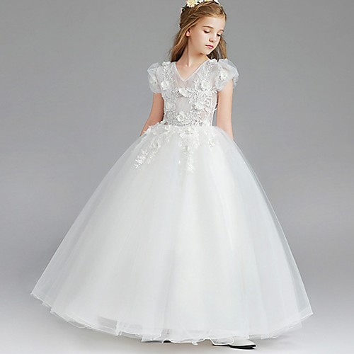 

Princess / Ball Gown Knee Length Wedding / Party Flower Girl Dresses - Tulle Short Sleeve V Neck with Tier / Appliques