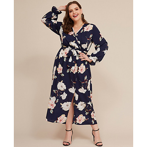 

Women's Plus Size A-Line Dress Maxi long Dress - Long Sleeve Print Fall V Neck Casual 2020 Blue XXL XXXXXL