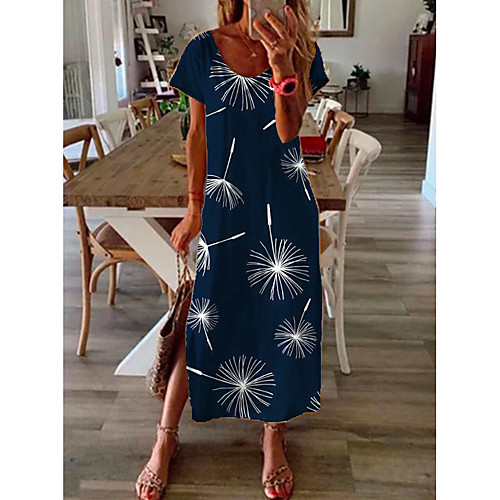 

Women's Shift Dress Midi Dress - Short Sleeves Floral Print Summer Casual Daily 2020 Blue M L XL XXL XXXL