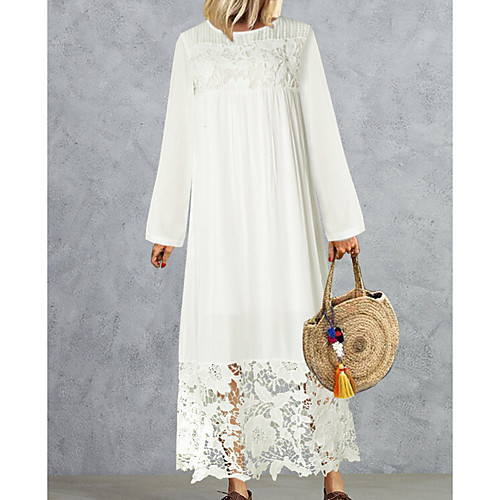 

Women's A Line Dress Maxi long Dress White Long Sleeve Solid Color Summer Round Neck Casual Chinoiserie 2021 XS S M L XL XXL 3XL / Cotton / Cotton