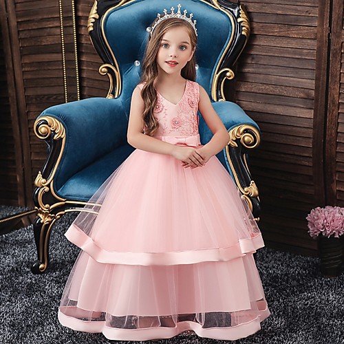 

Princess / Ball Gown Floor Length Wedding / Party Flower Girl Dresses - Tulle Sleeveless V Neck with Sash / Ribbon / Bow(s) / Tier