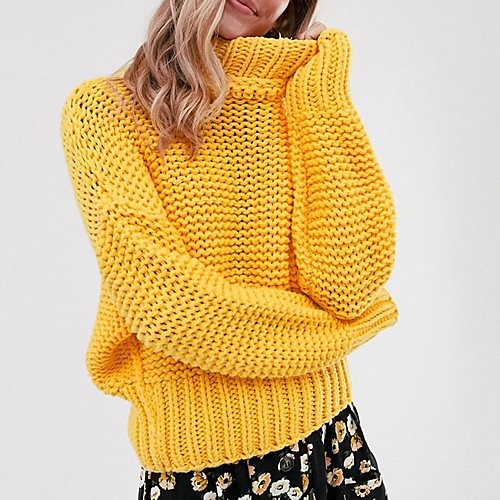 

Women's Solid Colored Long Sleeve Pullover Sweater Jumper, Turtleneck Yellow S / M / L