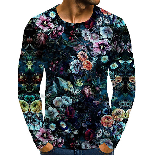 

Men's T shirt Shirt Floral Graphic Plus Size Print Long Sleeve Daily Tops Basic Exaggerated Round Neck Rainbow