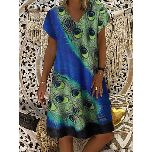 

Women's Shift Dress Knee Length Dress - Short Sleeves Print Print Summer Casual Daily 2020 Blue M L XL XXL XXXL