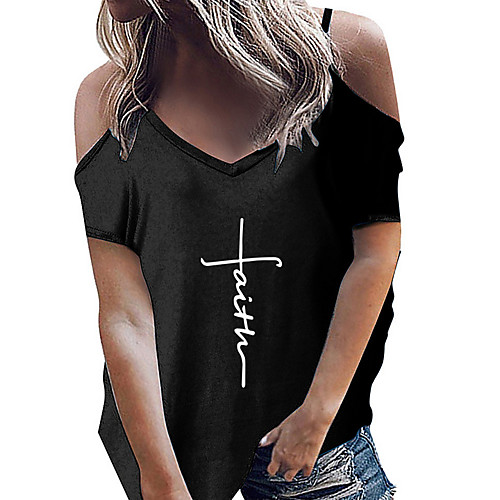 

Women's T shirt Letter Round Neck Tops Cotton White Black Blue