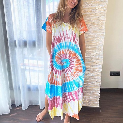 

Women's Shift Dress Maxi long Dress - Short Sleeves Print Summer Casual 2020 Blue Orange S M L XL XXL