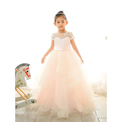 

Ball Gown Floor Length Flower Girl Dresses Wedding Lace Short Sleeve Jewel Neck with Belt