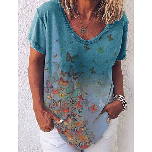 

Women's T shirt Color Gradient Graphic V Neck Tops Blue