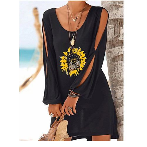 

Women's T Shirt Dress Tee Dress Short Mini Dress Black Long Sleeve Print Summer V Neck Casual Chinoiserie 2021 S M L XL XXL 3XL / Cotton / Cotton